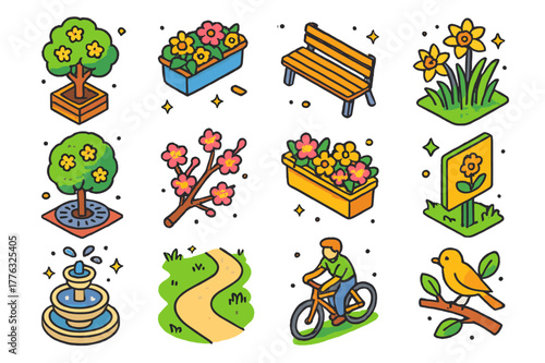 Colorful Urban Bloom Icons. Urban spring blooms. Colorful isometric vector icons set of Urban spring blooms: tree planter box, balcony flower pot, city park
