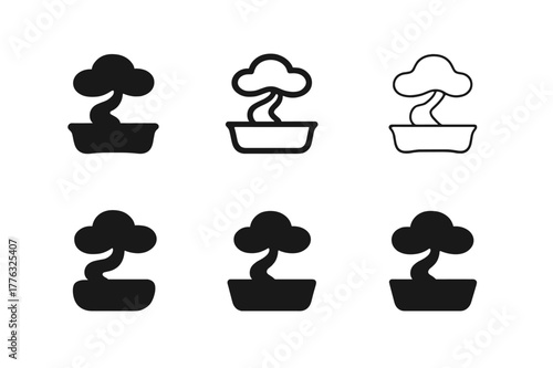 Elegant Pot Logos. Plant pot. Icon set. Set Logo of plant pot: bonsai tray pot. harmonious logo variations of the same emblematic concept, each with different