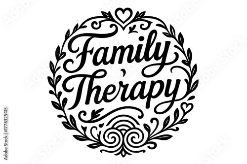 Elegant Family Therapy. Family Therapy ? flourished classic ornamental lettering; medium-weight strokes with elegant swashes and balanced curls; circular
