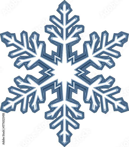 A detailed vector illustration of a six-pointed snowflake, rendered in shades of blue and white with a frosted or icy appearance and a distinct symmetrical design.