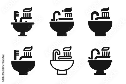 Toothbrush Logo Variations. Getting the kids ready for school. Set Logo of Getting the kids ready for school: toothbrush and toothpaste by sink. Icon set.