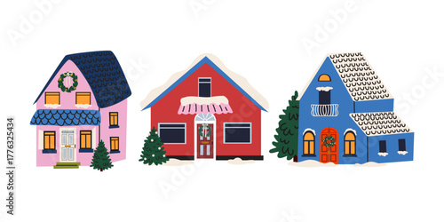 Winter holiday Christmas houses in cartoon groovy style with decorations, festive wreaths, snow, garland and Christmas tree. Cozy winter outside retro house interior. Vector illustrations isolated