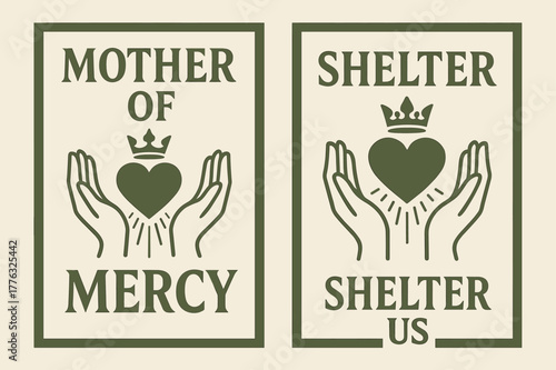 Mother of Mercy. Mother of Mercy. Two vertical A6 banners with safe margins, centered composition, no elements touching edges, modern, olive green and cream,