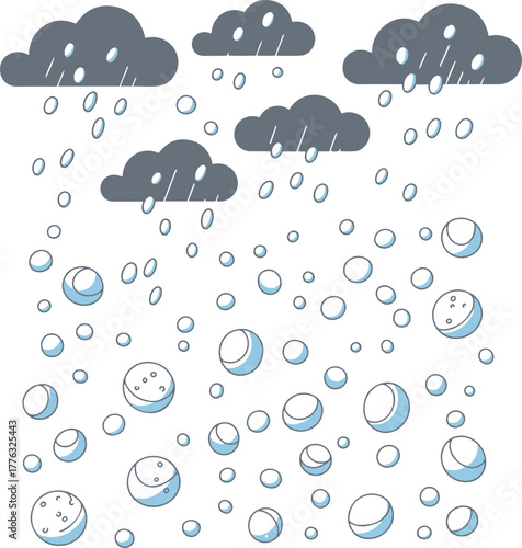 A playful vector illustration depicting a weather scene with dark grey clouds raining both teardrop-shaped raindrops and stylized round hailstones or large snowflakes, falling onto a surface with vari