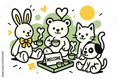 Stuffed Animal Tea Party. Playroom ? Stuffed animal tea party. Tiny cups steam as plush friends gather; heart-shaped steam curls upward. A card on the tray