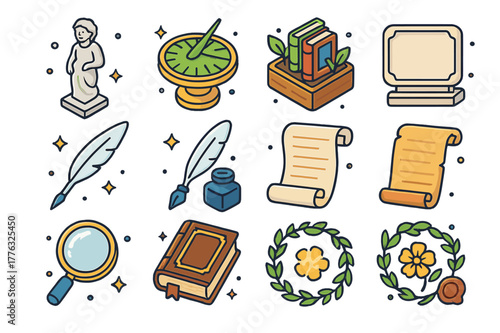 Literary Garden Icons. Literary garden elements. Colorful isometric vector icons set of Literary garden elements: stone statue, sundial, bookshelf planter,