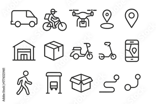 Last-Mile Connectivity Icons. Last-mile connectivity. Line icon set of last-mile connectivity: delivery van, bicycle courier, drone, map marker, warehouse,