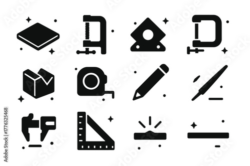 Fabrication Tools Icons. Fabrication bench details. Solid icons set of Fabrication bench details: steel plate, fixture clamp, magnetic square, C-clamp,