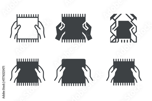 Rug Straightening Logos Grid. Straightening a rug. Set Logo of straightening a rug: hands adjusting carpet edges. Icon set. harmonious logo variations of the