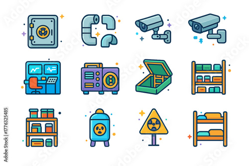 Colorful Bunker Icons. Bunker. Colorful isometric vector icons set of bunker: reinforced steel door, ventilation pipes, security cameras, control room,