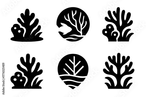 Coral Reef Logos. Wildlife habitats. Set Logo of wildlife habitats: coral reef. Icon set. harmonious logo variations of the same emblematic concept, each with