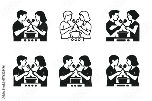 Harmonious Cooking Logos. Couples cooking together in the kitchen. Set Logo of couples cooking together in the kitchen: couple toasting spatula and ladle over