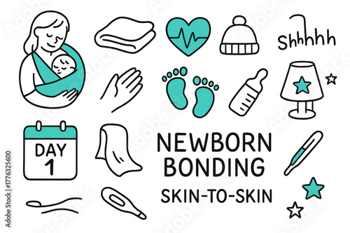Newborn Bonding Icons. Newborn bonding. Hand-drawn doodle illustration newborn bonding skin-to-skin icon (accented), warm blanket, heartbeat symbol (accented),
