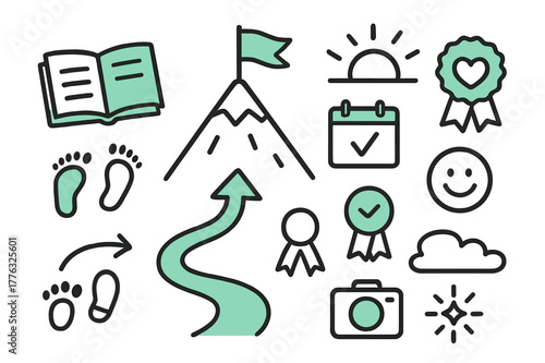 Personal Achievement Icons. Personal achievement. Hand-drawn doodle illustration personal achievement mountain peak (accented), flag on top (accented),