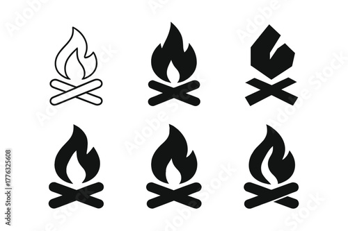 Bonfire Logo Variations. Bonfire. Set Logo of bonfire: flame and logs. Icon set. harmonious logo variations of the same emblematic concept, each with different