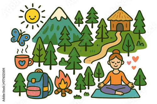 Mountain Yoga Retreat. Mountain yoga retreat. Colorful Hand-drawn doodle Children illustration Mountain yoga retreat mountain peak, meditation hut, forest