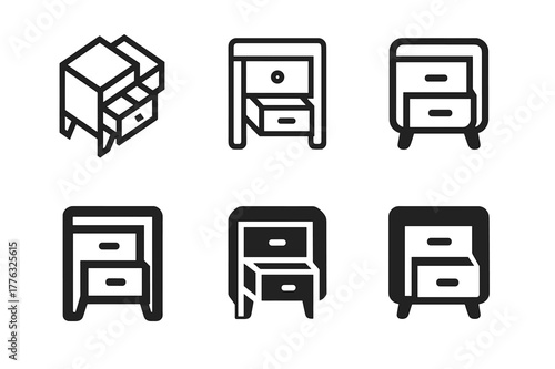Nightstand Logo Variations. Side table drawer. Set Logo of side table drawer: nightstand with one open drawer. Icon set. harmonious logo variations of the same