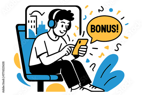 Gaming on the Bus. Playing a mobile game on the go ? Bus commute. Headphones on, thumb taps feverishly while the city scrolls outside; confetti sprites float.