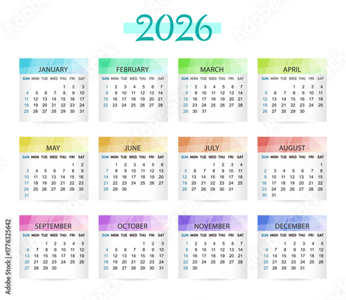 Rainbow calendar Year 2026. vector calendar. The week starts on Sunday.