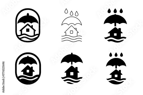 Flood Protection Logos. Dealing with home flooding and water damage. Set Logo of dealing with home flooding and water damage: umbrella shielding a house from