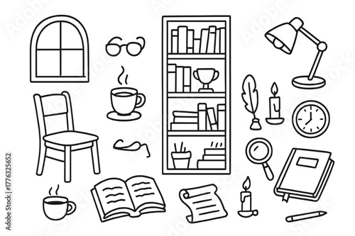 Library Study Sketch. Library study. Hand-drawn doodle illustration library study bookshelf, open book, reading lamp, glasses, coffee cup, chair, notebook,