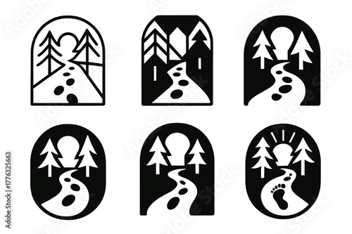 Harmonious Forest Path Logos. symbolic path leading through the woods, filled with light. Set Logo of symbolic path leading through the woods, filled with
