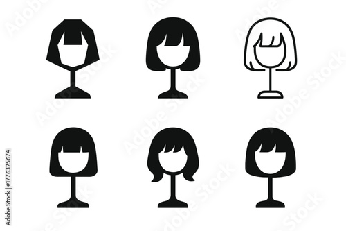 Wig Styling Logos Grid. Fan conventions and cosplay events. Set Logo of wig styling: wig on stand with bangs. Icon set. harmonious logo variations of the same