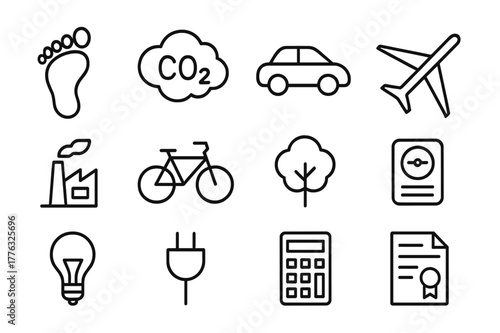 Carbon Footprint Icons. Carbon footprint. Line icon set of carbon footprint: footprint, co2 cloud, car, airplane, factory, bicycle, tree, energy meter, light