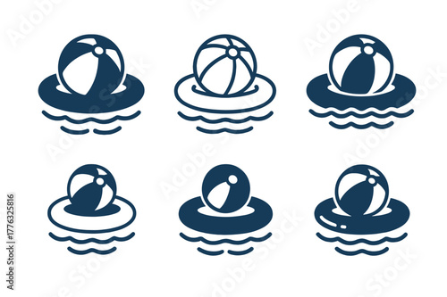 Inflatable Logo Variations. Floating on an inflatable. Set Logo of Floating on an inflatable: beach ball and inflatable ring on calm water. Icon set.