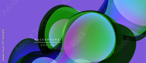 Abstract fluid shapes overlap, creating vibrant color gradients. Purple background complements green, blue elements. Modern design.