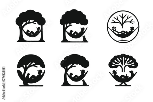 Farmer and Dog Logos. A farmer and his dog taking a break under the shade of a tree. Set Logo of A farmer and his dog taking a break under the shade of a tree: