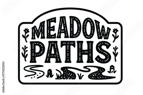 Meadow Paths Lettering. Meadow Paths ? Decorative Display Lettering; playful stylized glyphs with dot/stripe grass patterns inside; arched word-shape within a