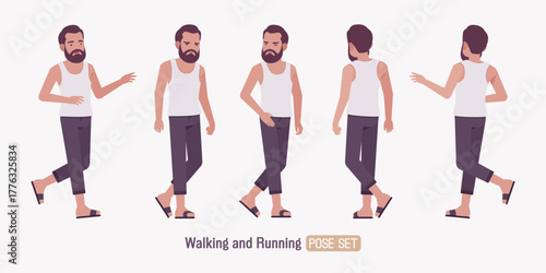 Middle aged man, casual relaxed wear walk, run pose set. Bearded guy white, sleeveless wifebeater undershirt, comfy lounge pajama jogger pants, home slippers. Vector flat style cartoon illustration