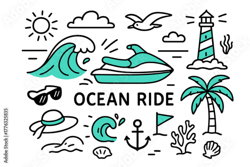Tropical Ocean Adventure. // Ocean ride. Hand-drawn doodle illustration Ocean ride [jet ski (accented), rolling wave (accented), seagull, lighthouse