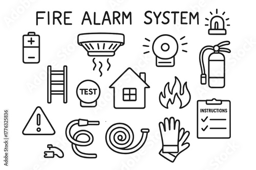 Fire Safety Doodles. Fire Alarm System. Hand-drawn doodle illustration Fire Alarm System smoke detector, alarm sound, light indicator, battery, ceiling,