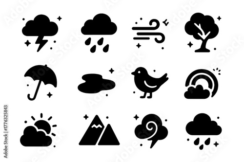 Stormy Weather Icons. Stormy Weather. Solid icons set of Stormy Weather: cloud, lightning bolt, raindrops, wind, tree, umbrella, puddle, bird, rainbow, sun,