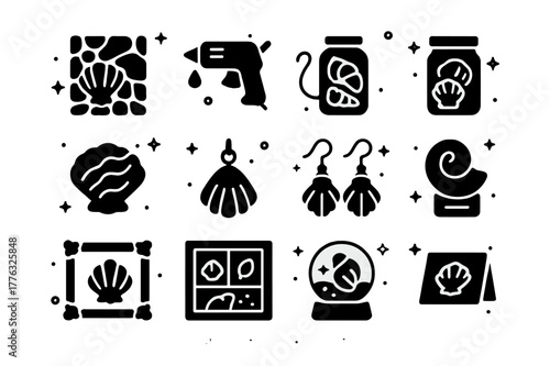 Seashell Craft Icons. Seashell Crafts. Solid icons set of Seashell Crafts: shell mosaic, glue gun, twine, jar of shells, painted shell, shell pendant, shell