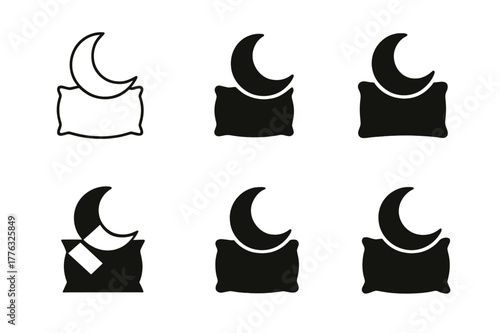 Peaceful Slumber Logos. Peaceful slumber. Set Logo of Peaceful slumber: crescent moon over pillow. Icon set. harmonious logo variations of the same emblematic