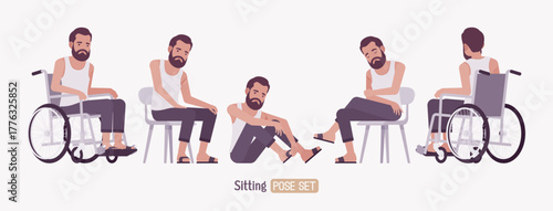 Middle aged man, casual relaxed wear wheelchair, sit pose set. Bearded guy white, sleeveless wifebeater undershirt, comfy lounge pajama jogger pants, slippers. Vector flat style cartoon illustration