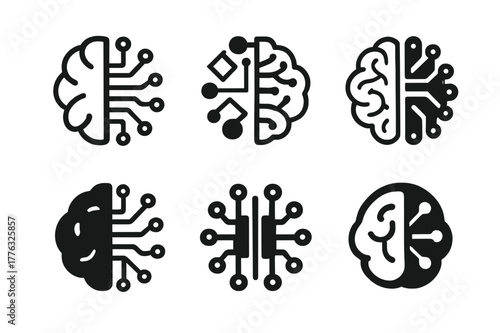 Microchip Brain Logos. Learning new technologies. Set Logo of Learning new technologies: microchip brain. Icon set. harmonious logo variations of the same