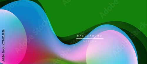 Abstract fluid shapes, vibrant colors blend. Green backdrop complements pink, blue gradients. Modern design element for backgrounds.