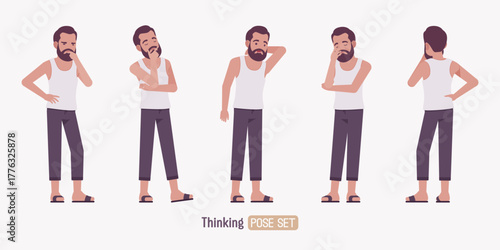Middle aged man, casual relaxed wear thinking pose set. Bearded guy white, sleeveless wifebeater undershirt, comfy lounge pajama jogger pants, home slippers. Vector flat style cartoon illustration