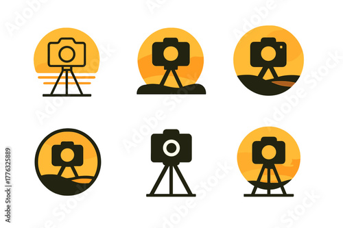 Photography Logo Variations. Photography and capturing scenic views. Set Logo of Photography and capturing scenic views: camera on tripod at sunset. Icon set.