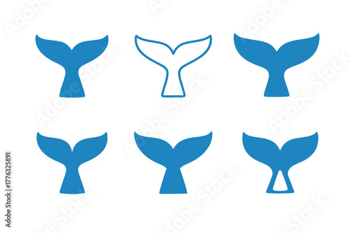 Blue Whale Logo Variants. Endangered species. Set Logo of Endangered species: Blue whale tail fluke. Icon set. harmonious logo variations of the same