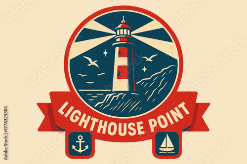 Lighthouse Retro Poster. Lighthouse Point ? Retro Poster; lettering: bold rounded; composition: ribboned seal with side icons; effects: halftone rim + gentle