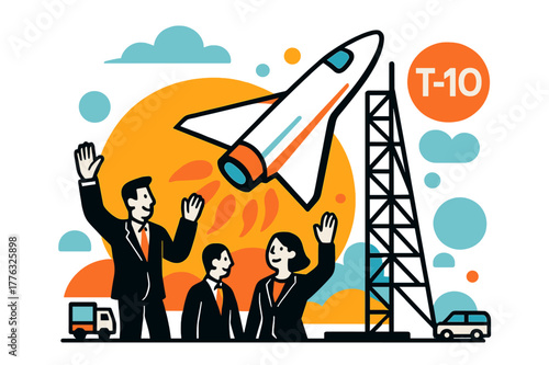 Suborbital Launch Scene. Suborbital Launch Pad. Passengers in sleek suits wave as the rocketplane hums; countdown digits ?T?? float beside rippling exhaust