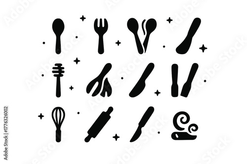Handmade Wooden Utensils Icons. Handmade Wooden Utensils. Solid icons set of Handmade Wooden Utensils: spoon, fork, ladle, spatula, honey dipper, salad tongs,