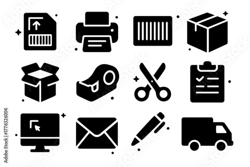 Logistics Equipment Icons. Logistics Equipment. Solid icons set of Logistics Equipment: shipping label, printer, barcode, package, box, tape dispenser,