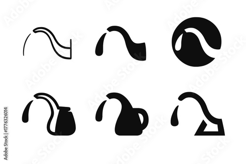 Kettle Spout Logos. tea kettle spout. Set Logo of tea kettle spout: curved gooseneck pouring arc. Icon set. harmonious logo variations of the same emblematic