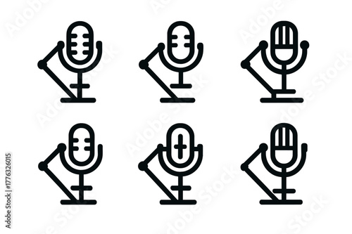 Podcast Studio Logos. The rise of podcasts and their cultural impact. Set Logo of studio mic on boom arm: Symmetrical form, Minimal outline, Stylized detail,